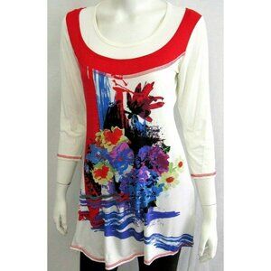 Lior Paris Womens White Red Floral 3/4 Sleeve Swing Stretch‎ Knit Tunic Top Sz M
